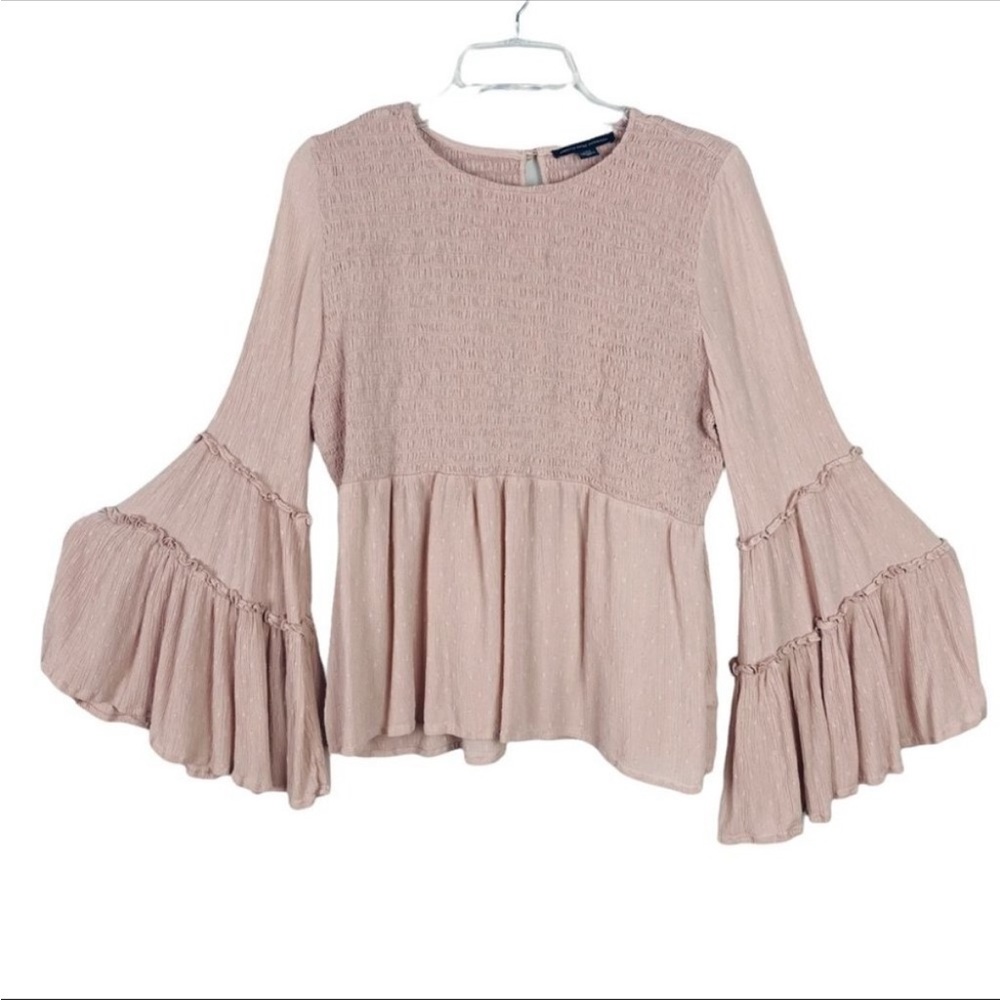 AEO American Eagle Blush Pink Swiss Dot Smocked Bell Sleeve Top - S